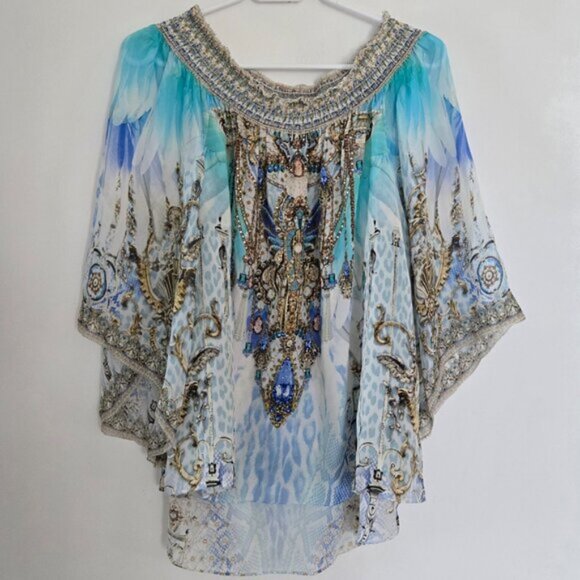 Camilla Gatsbys Girl Off Shoulder Shirred Blouse XS 165E - Picture 2 of 11